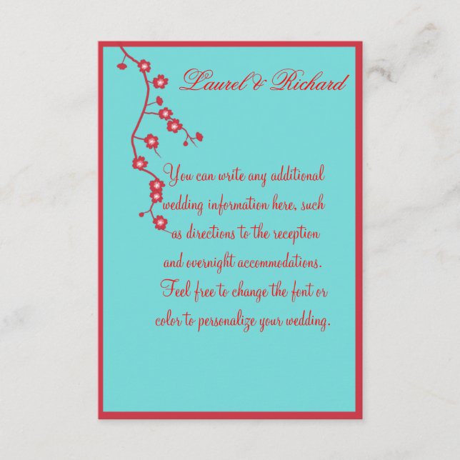 Red & Turquoise Floral Wedding Reception Enclosure Card (Front)
