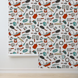 Red Turquoise Hand Drawn Cooking Utensils Kitchen Wallpaper