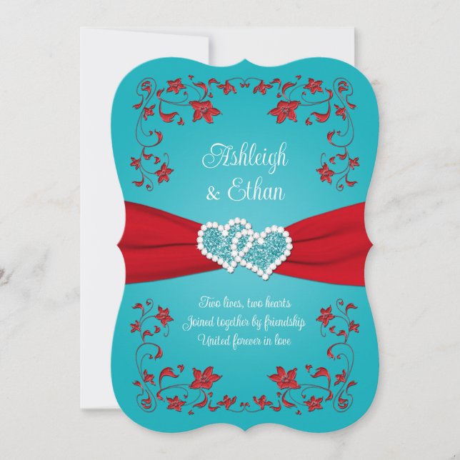 Red, Turquoise Love Hearts Wedding Invitation (Front)