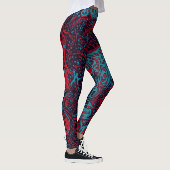 Red Turquoise Marble Abstract Pattern Leggings (Right)