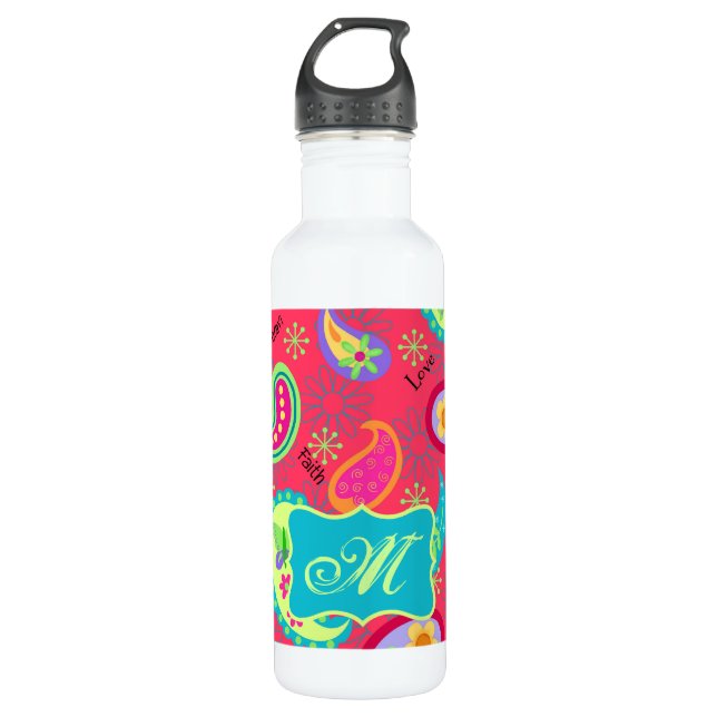 Red Turquoise Modern Paisley Pattern Monogram 710 Ml Water Bottle (Front)