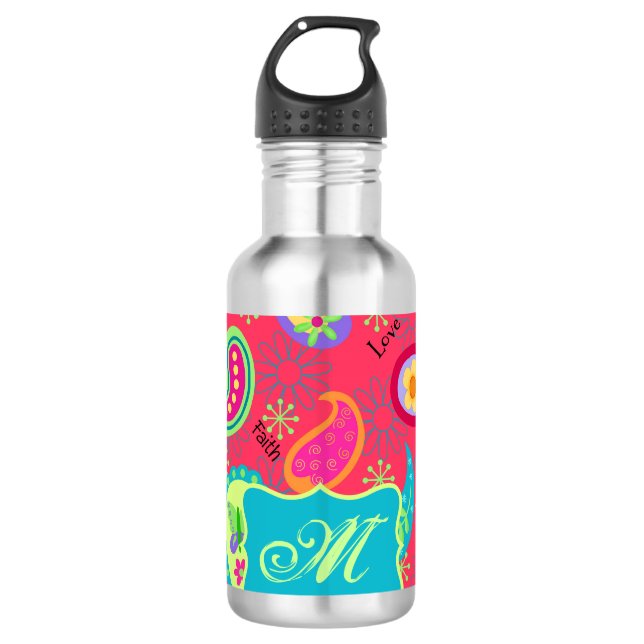 Red Turquoise Modern Paisley Pattern Monogram 710 Ml Water Bottle (Front)