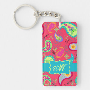 Red Turquoise Modern Paisley Pattern Monogram Key Ring