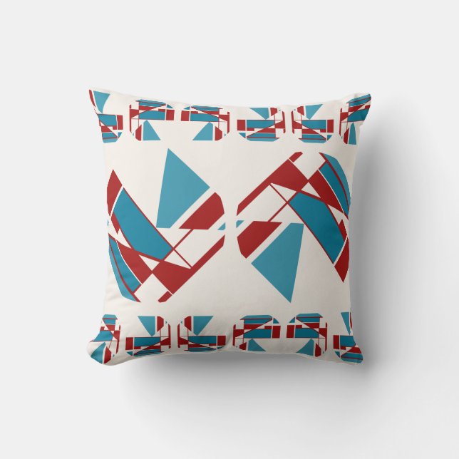 Red Turquoise Navy Bordered Mid-century Modern Cushion (Front)
