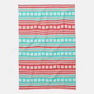 Red Turquoise Norwegian Christmas Sweater Pattern Tea Towel
