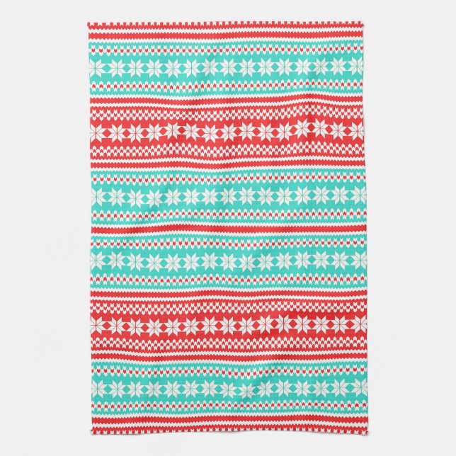 Red Turquoise Norwegian Christmas Sweater Pattern Tea Towel (Vertical)