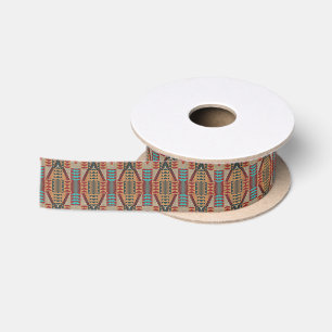 Red Turquoise Orange Brown Ethnic Pattern Art Satin Ribbon