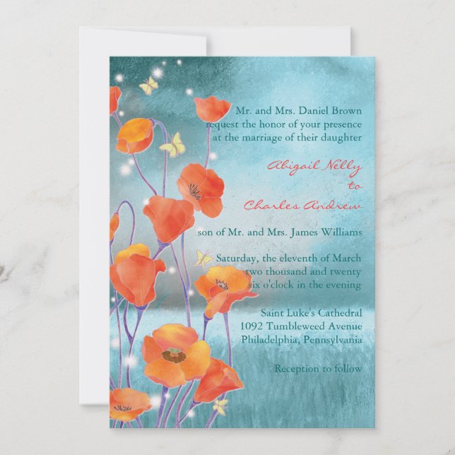 Red & Turquoise Poppy Floral Wedding Invitation (Front)