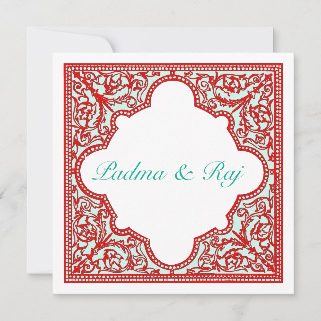 Red & Turquoise Vintage Frame Wedding Invitation (Front)