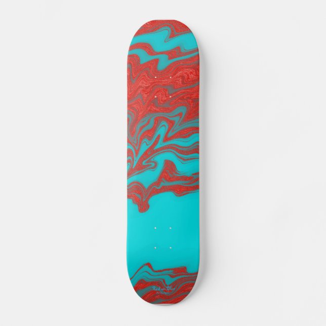 Red Turquoise Wavy Lines Skateboard (Front)