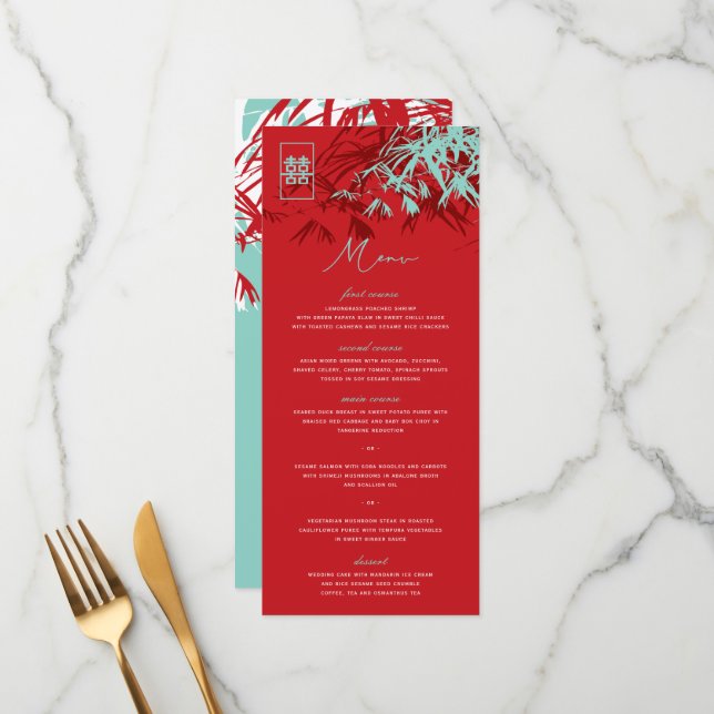 Red & Turquoise Zen Bamboo Leaves Chinese Wedding  Menu (Front/Back In Situ)