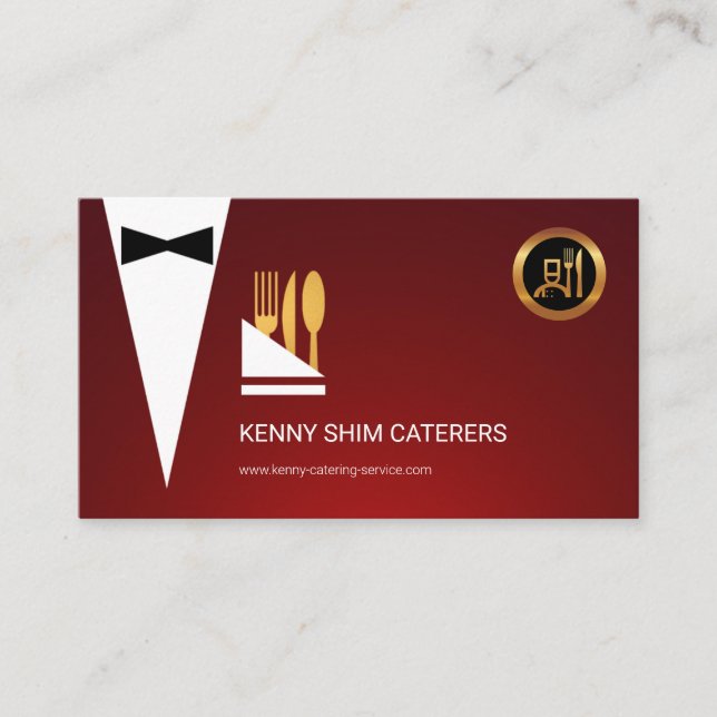 Red Tuxedo Stylish Handkerchief Gold Cutlery Business Card (Front)