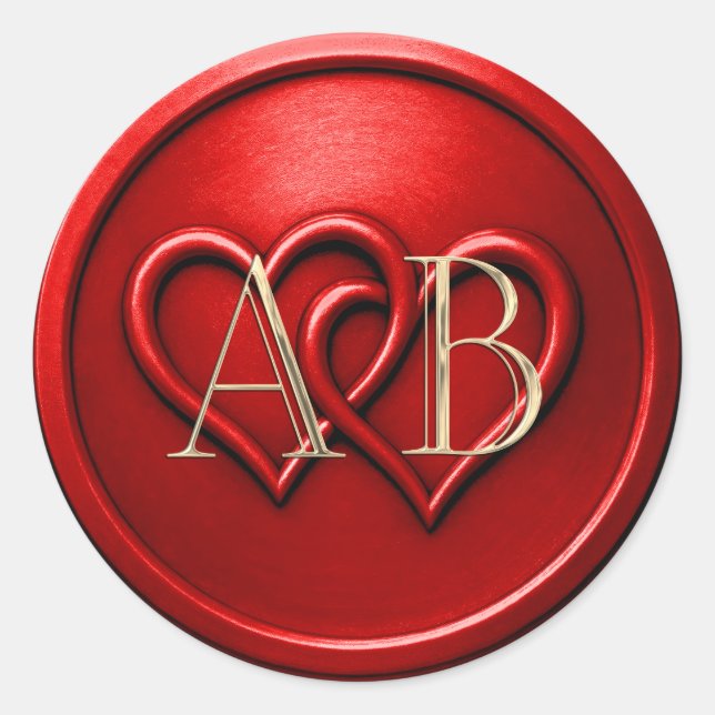 Red Two Hearts Intertwined Monogram Wedding Classic Round Sticker (Front)