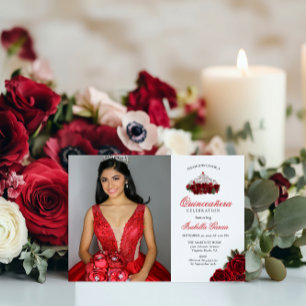Red  Two Photo Floral Quinceanera  Invitation