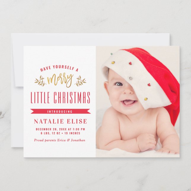 red typography baby holiday birth announcement (Front)