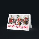 Red Typography Happy Hanukkah Photo Collage  Holiday Card<br><div class="desc">Happy Hanukkah! Customisable Happy Hanukkah photo collage card featuring red simple typography and snow pattern. Personalise by adding three photos,  names,  year and other details. This modern Hanukkah card is available in other colours and cardstock.</div>