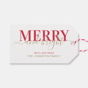 Red typography merry and bright Christmas Gift Tags