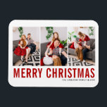 Red Typography Merry Christmas Three Photo Collage Magnet<br><div class="desc">Merry Christmas! Bring a touch of holiday cheer to your home with our Customisable Photo Christmas Magnet! Perfect for displaying cherished memories, this magnet allows you to personalise it with your favourite festive photo, making it a unique addition to your holiday decor. An ideal gift for family and friends—create memorable...</div>
