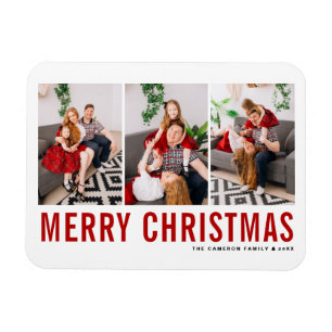 Red Typography Merry Christmas Three Photo Collage Magnet