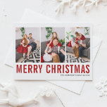 Red Typography Merry Christmas Three Photo Collage Postcard<br><div class="desc">Merry Christmas! Customizable Christmas photo collage postcard featuring red and black simple typography. Personalize by adding three photos,  names,  year and other details. This modern Christmas postcard is available in other colors and cardstock.</div>