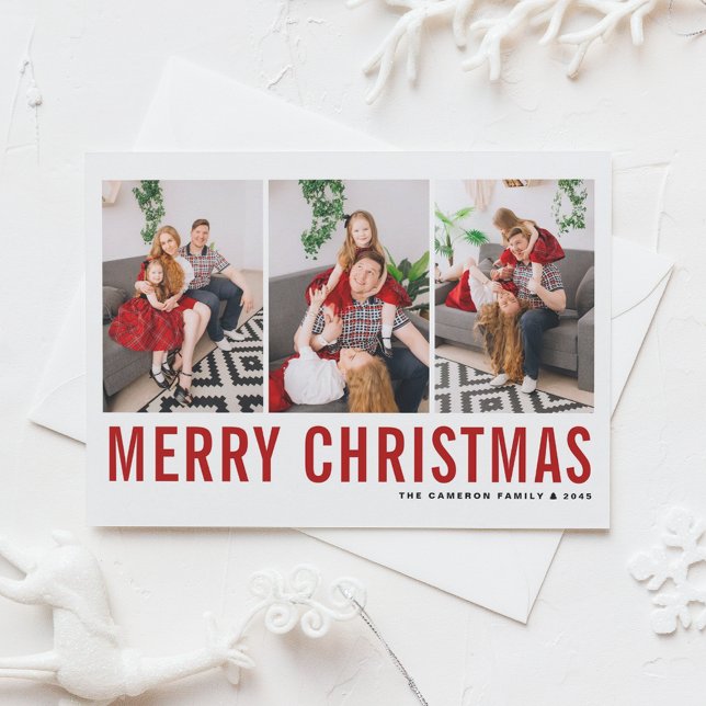 Red Typography Merry Christmas Three Photo Collage Postcard (Creator Uploaded)