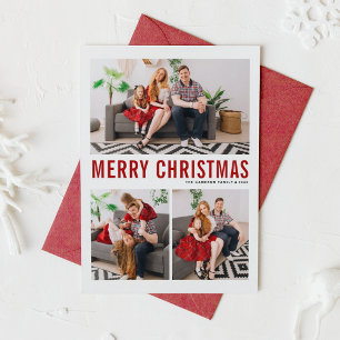 Red Typography Merry Christmas Three Photo Holiday Card