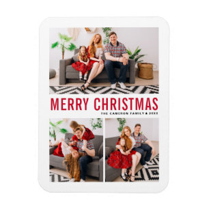 Red Typography Merry Christmas Three Photo Magnet