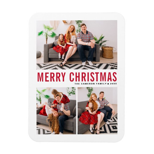 Red Typography Merry Christmas Three Photo Magnet (Vertical)