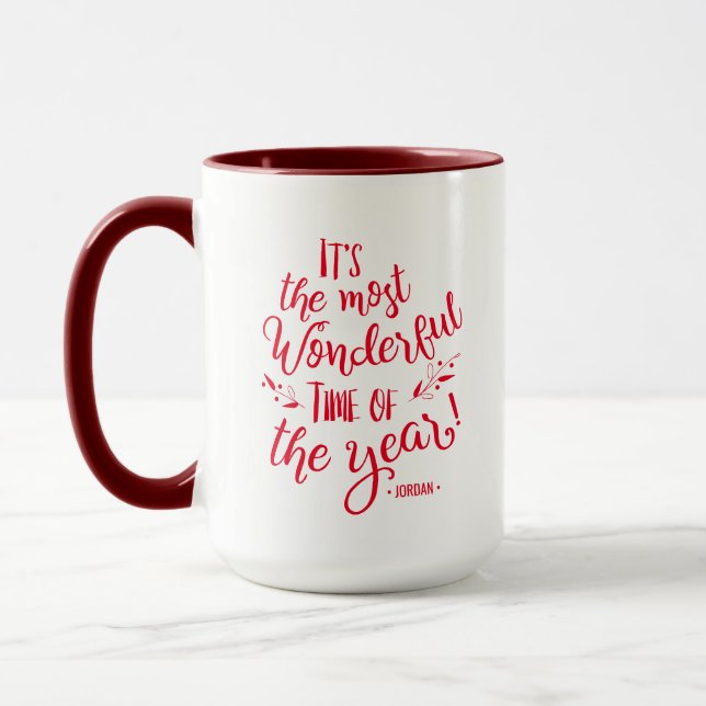 Red Typography Most Wonderful time Christmas Mug (Left)