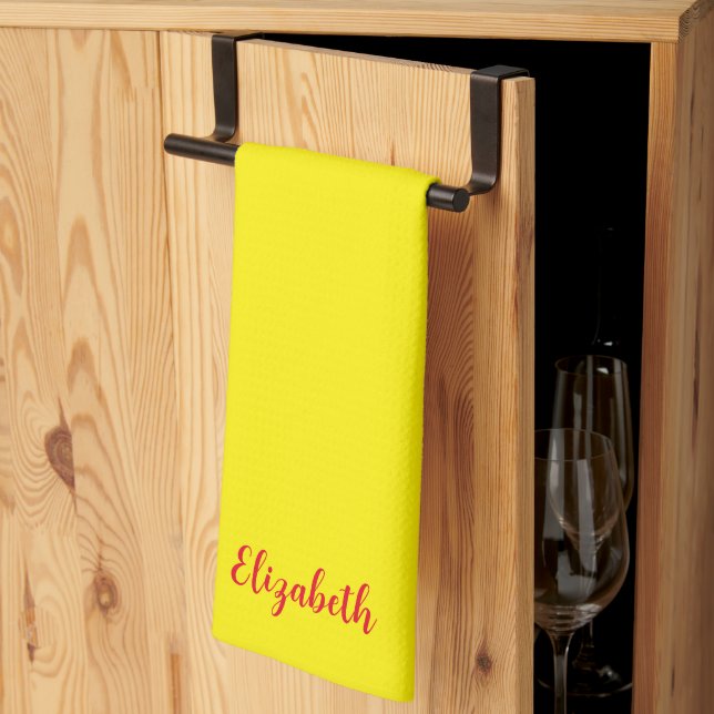 Red Typography Name Yellow Solid Colour Custom Tea Towel (Thirds Fold)