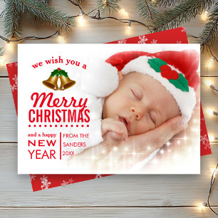 Red Typography Overlay Baby First Christmas Photo Holiday Card