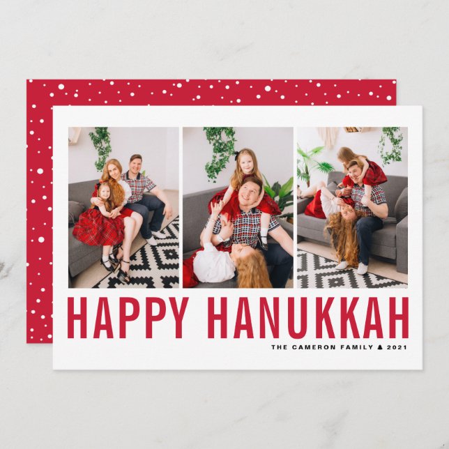 Red Typography Photo Collage Happy Hanukkah Holiday Card (Front/Back)