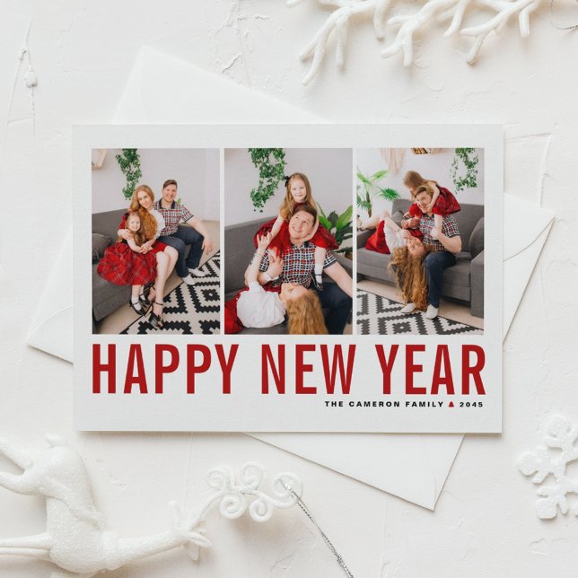 Red Typography Photo Collage Happy New Year Holiday Postcard (Send new year cheer with this customizable red three-photo-collage Happy New Year Postcard. )