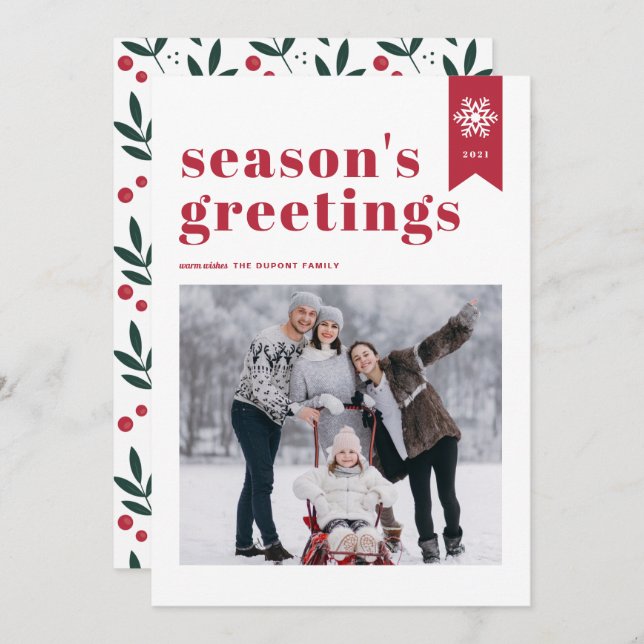 Red Typography Snowflake Season's Greetings Photo Holiday Card (Front/Back)