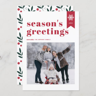 Red Typography Snowflake Season's Greetings Photo Holiday Card