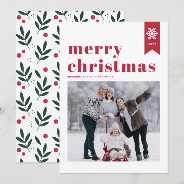 Red Typography Snowflakes Merry Christmas Photo Holiday Card (Front/Back)