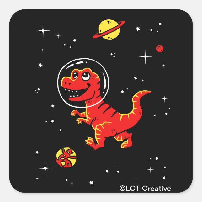Red Tyrannosaurus Rex Dinos In Space Square Sticker (Front)