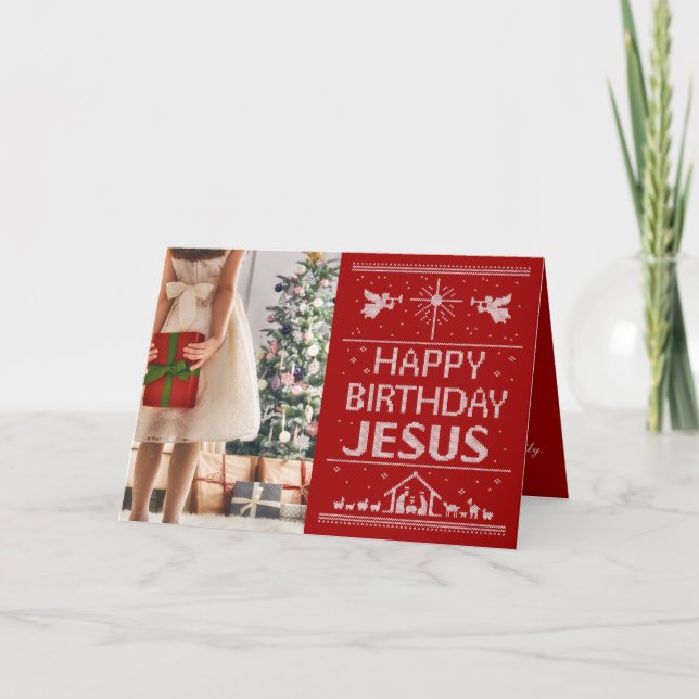 Red Ugly Christmas Sweater Happy Birthday Jesus Holiday Card (Front)