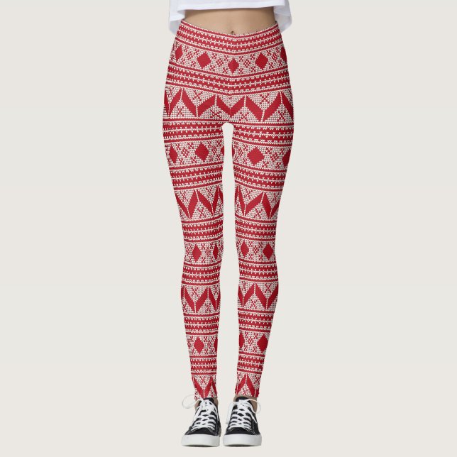 Red Ugly Christmas Sweater Pattern Leggings (Front)