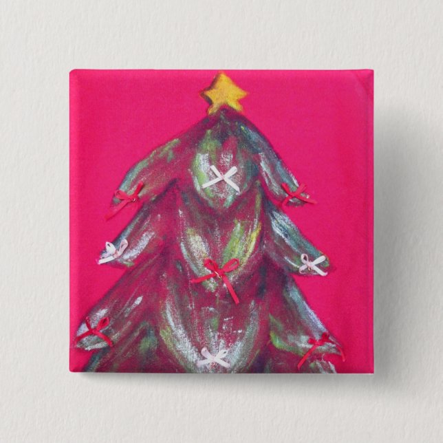 red ugly christmas tree painted button (Front)