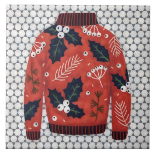 Red Ugly Sweater Cute Art Decorative Holiday Tile