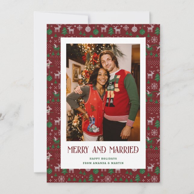 Red Ugly Sweater Married and Merry Photo Holiday Card (Front)