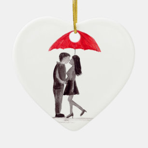 Red umbrella couple in love watercolour ceramic tree decoration