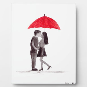Red umbrella couple in love watercolour plaque