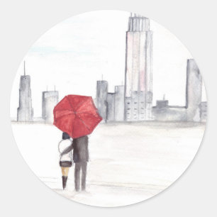 Red umbrella couple New York cool trendy beautiful Classic Round Sticker
