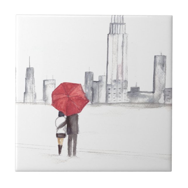 Red umbrella couple New York cool trendy beautiful Tile (Front)