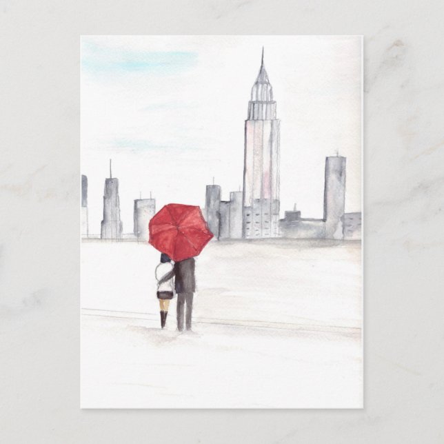 Red umbrella couple New York cool trendy wedding Postcard (Front)