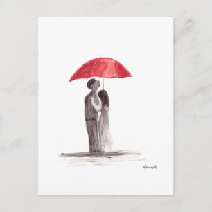 Red umbrella couple postcard