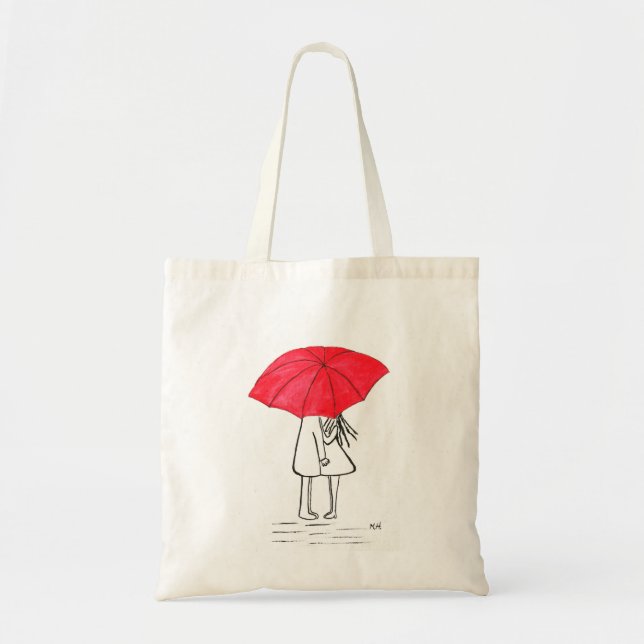 Red umbrella couple rustic chic minimalist wedding tote bag (Front)