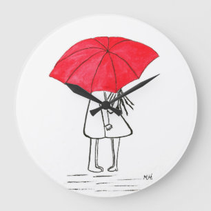 Red umbrella couple rustic wedding large clock